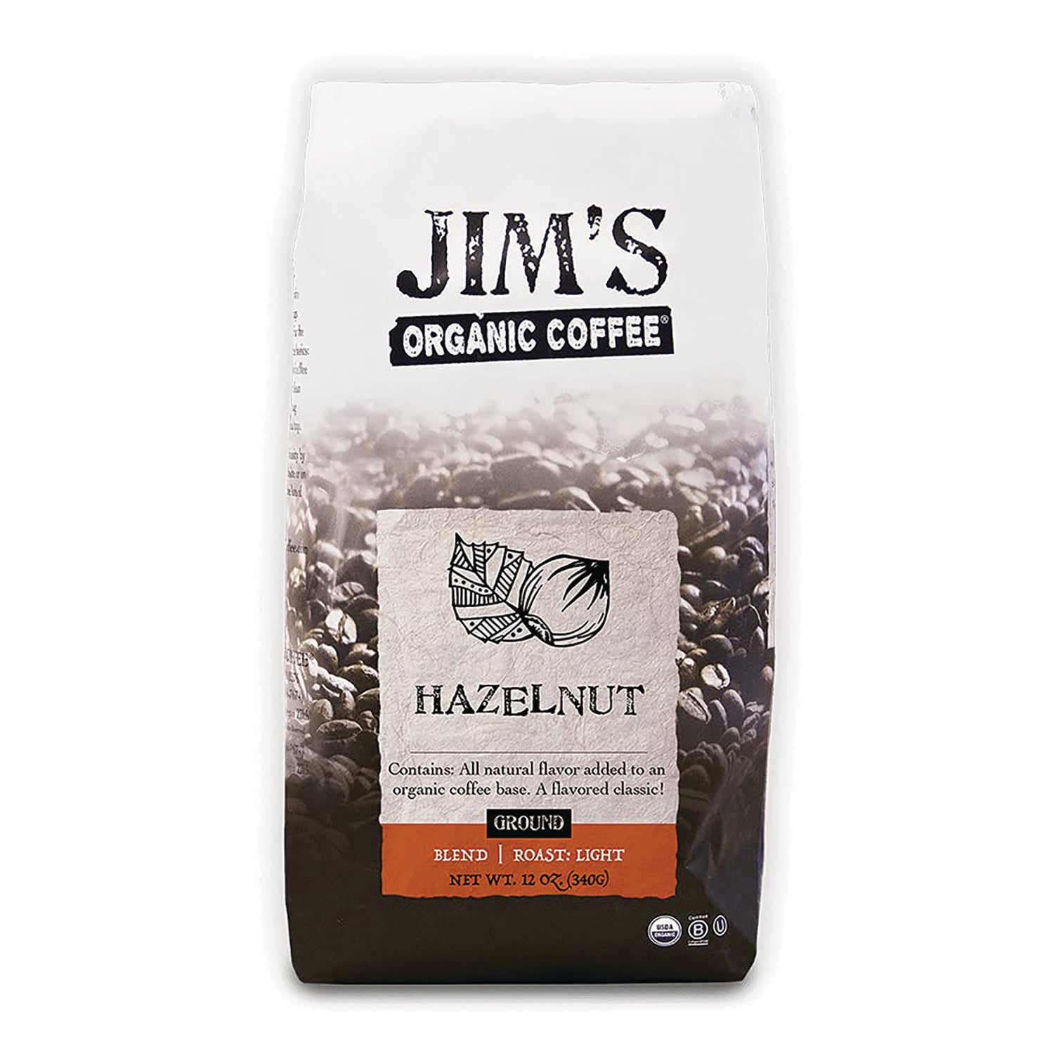 JOC009 | Jim's Organic Coffee Hazelnut ground coffee bag front showing logo and 12 oz label
