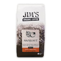 JOC009 | Jim's Organic Coffee Hazelnut ground coffee bag front showing logo and 12 oz label