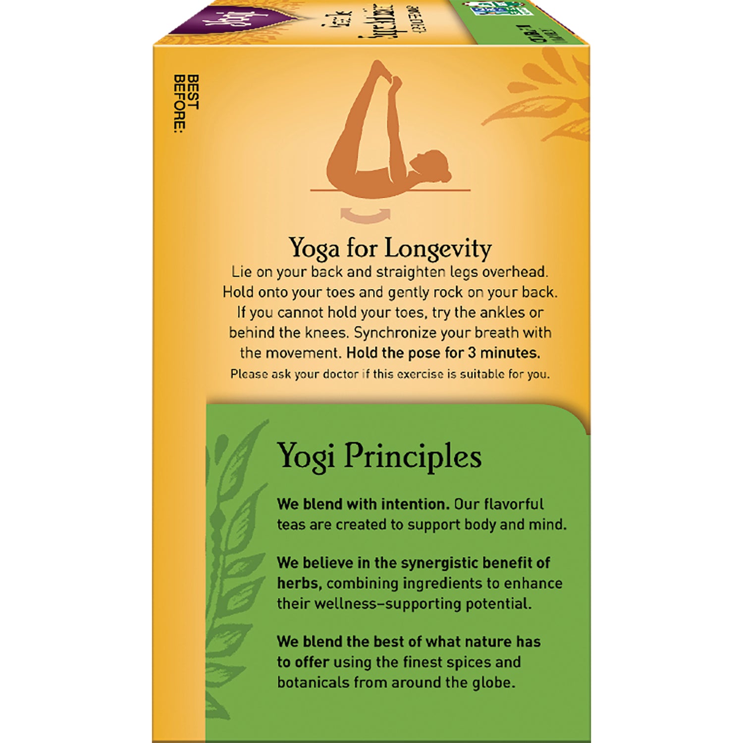 AHW006 | Yoga for Longevity instructions and Yogi Principles panel on a tea box