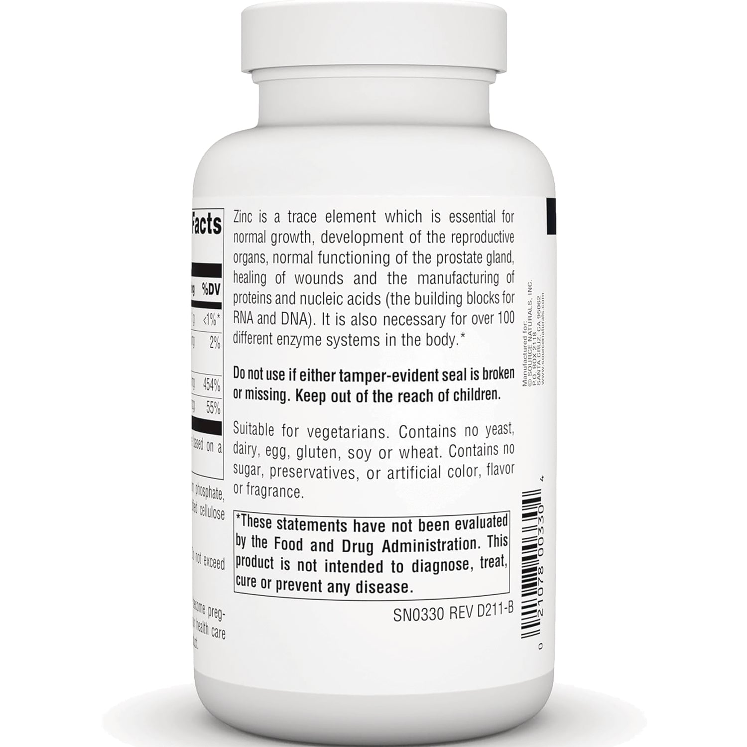 SN580 | Back label with supplement facts, warnings, and barcode