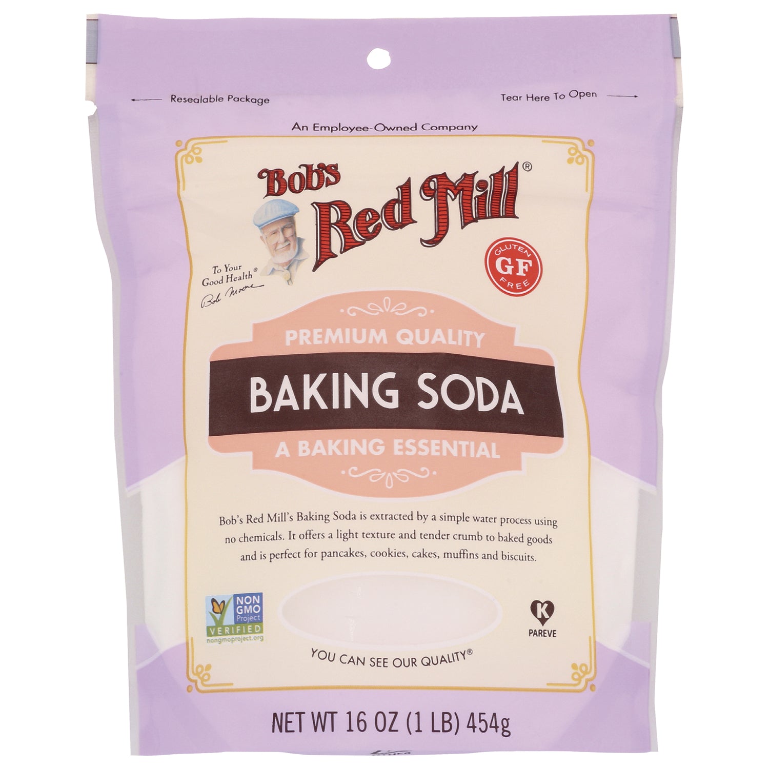 BOB288 | Bob's Red Mill baking soda pouch, front label reading PREMIUM QUALITY BAKING SODA, net wt 16 oz (1 lb) 454g