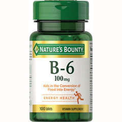 NBY068 | Nature's Bounty B-6 100 mg bottle, 100 tablets, energy health vitamin supplement front view