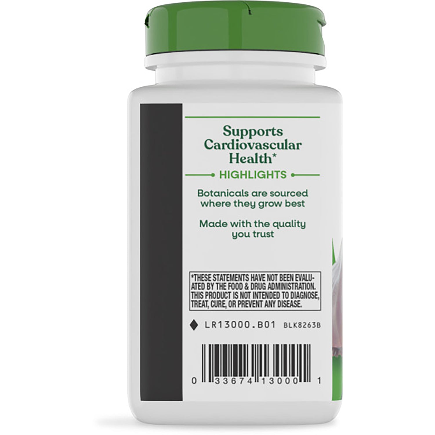 NW935 | back label of white supplement bottle with green cap reading HEART HEALTH and garlic description with barcode