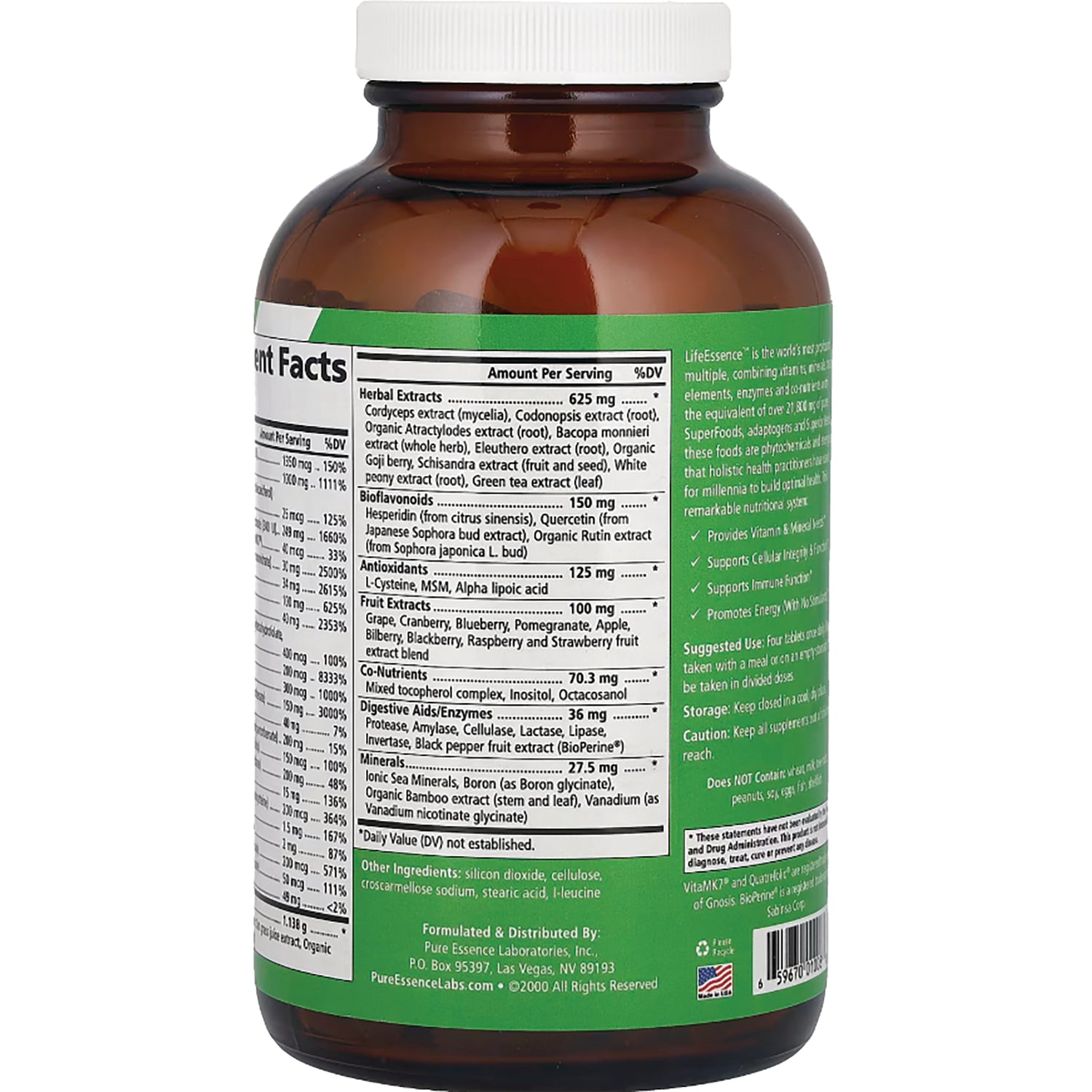 PEL049 | Back of brown supplement bottle showing Supplement Facts and ingredient panel