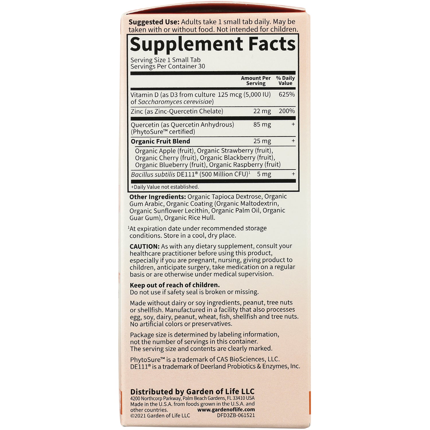 GLF363 | Supplement Facts panel and ingredient list on back of supplement box showing serving size, nutrients and cautions