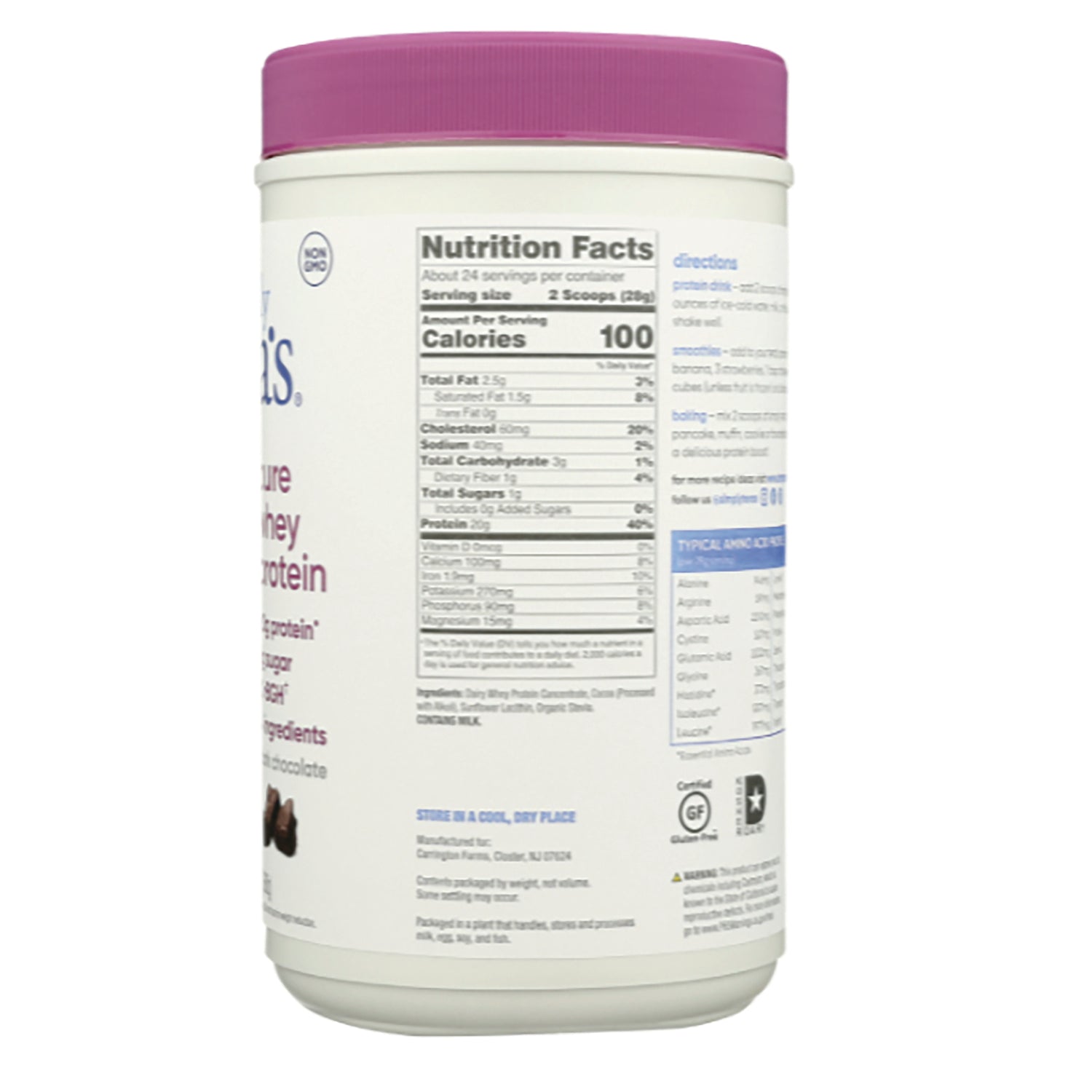 TER018 | Back of whey protein powder container with Nutrition Facts panel and directions visible