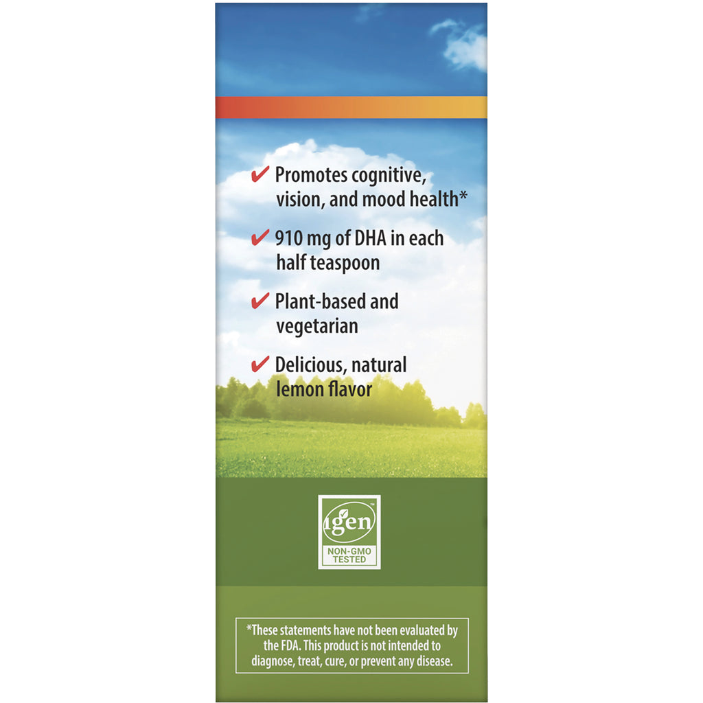 CSN317 | Product infographic: promotes cognitive, vision and mood health; 910 mg DHA per half teaspoon; plant-based lemon flavor - Thumbnail