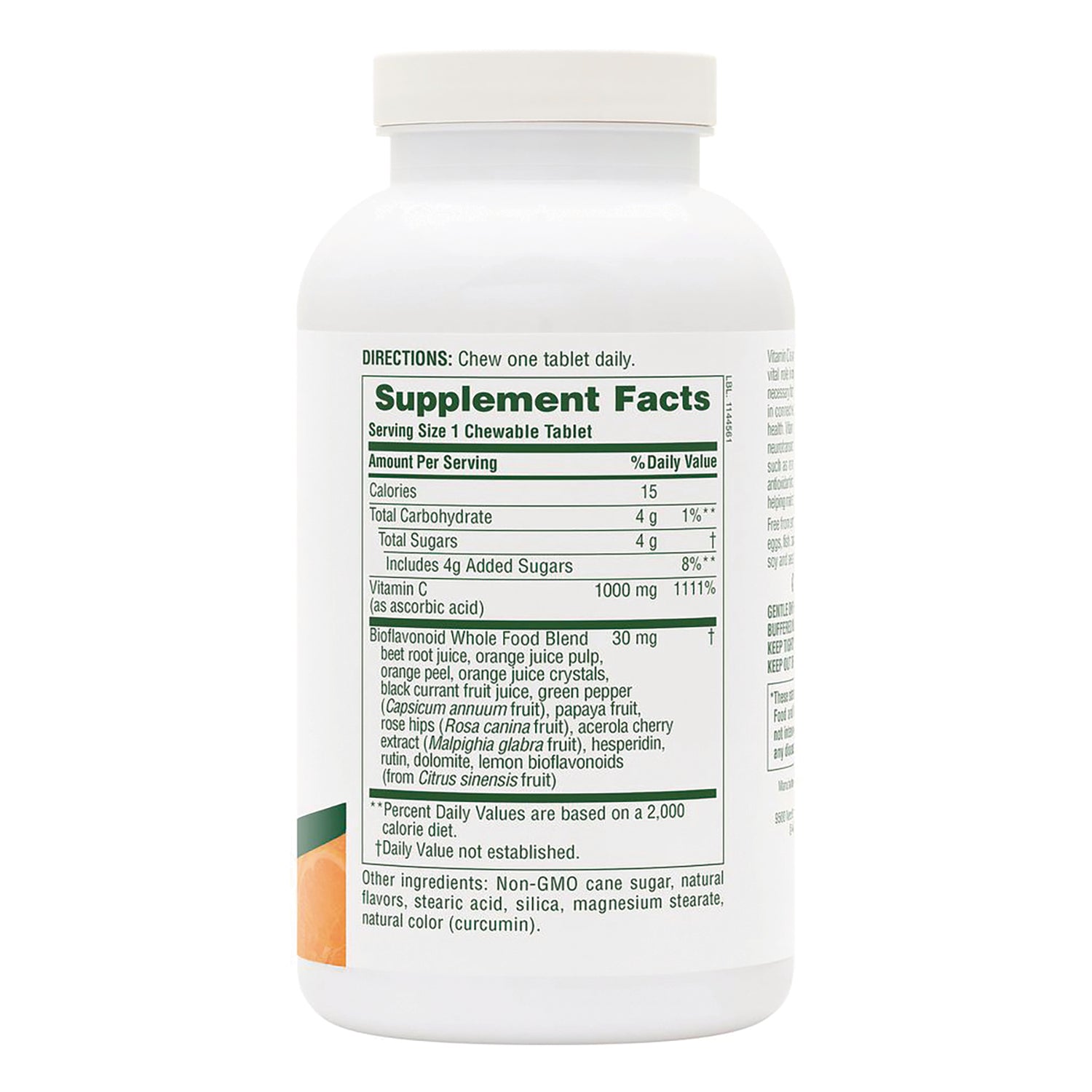 NTP129 | Back label of white supplement bottle showing Vitamin C description, vegan and gluten free icons and barcode