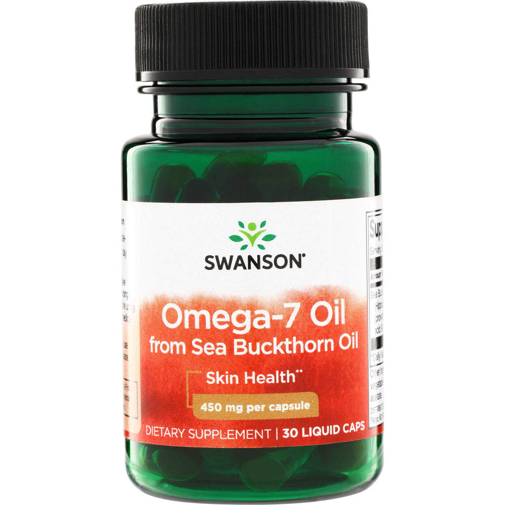 SWE096 | Swanson Omega-7 Oil from Sea Buckthorn Oil, Skin Health, 450 mg per capsule, 30 liquid caps bottle front - Thumbnail