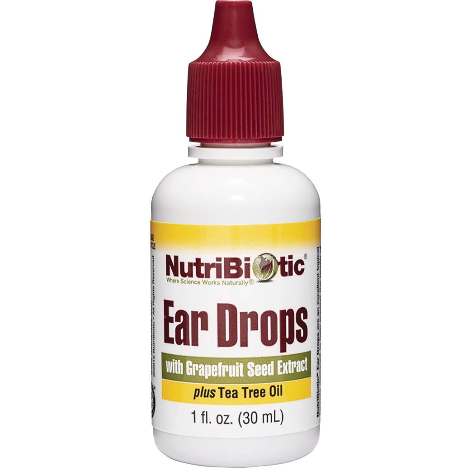 NutriBiotic Ear Drops bottle labeled with grapefruit seed extract and tea tree oil, 1 fl oz