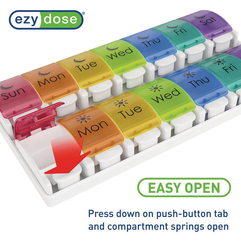 APP12 | Ezy Dose pill organizer infographic: EASY OPENpress down on push-button tab and compartment springs open - Thumbnail