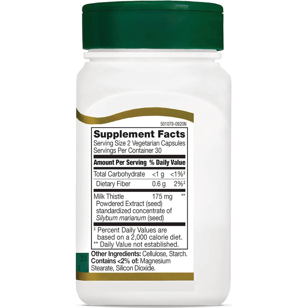 CNT106 | Back label showing Supplement Facts for milk thistle vegetarian capsules, serving size 2 and ingredients list - Thumbnail