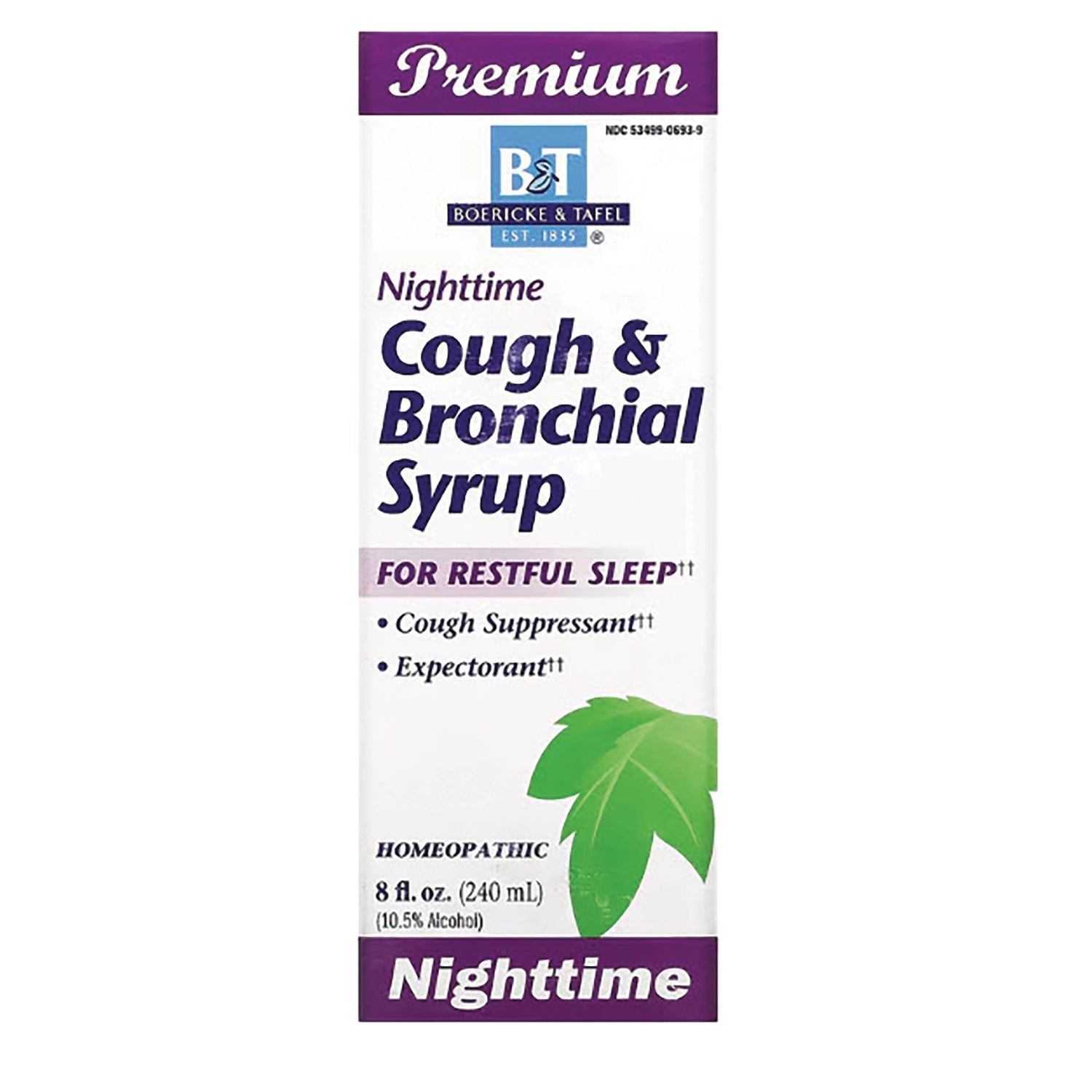 BRK014 | Nighttime Cough & Bronchial Syrup box labeled for restful sleep, cough suppressant and expectorant, 8 fl oz