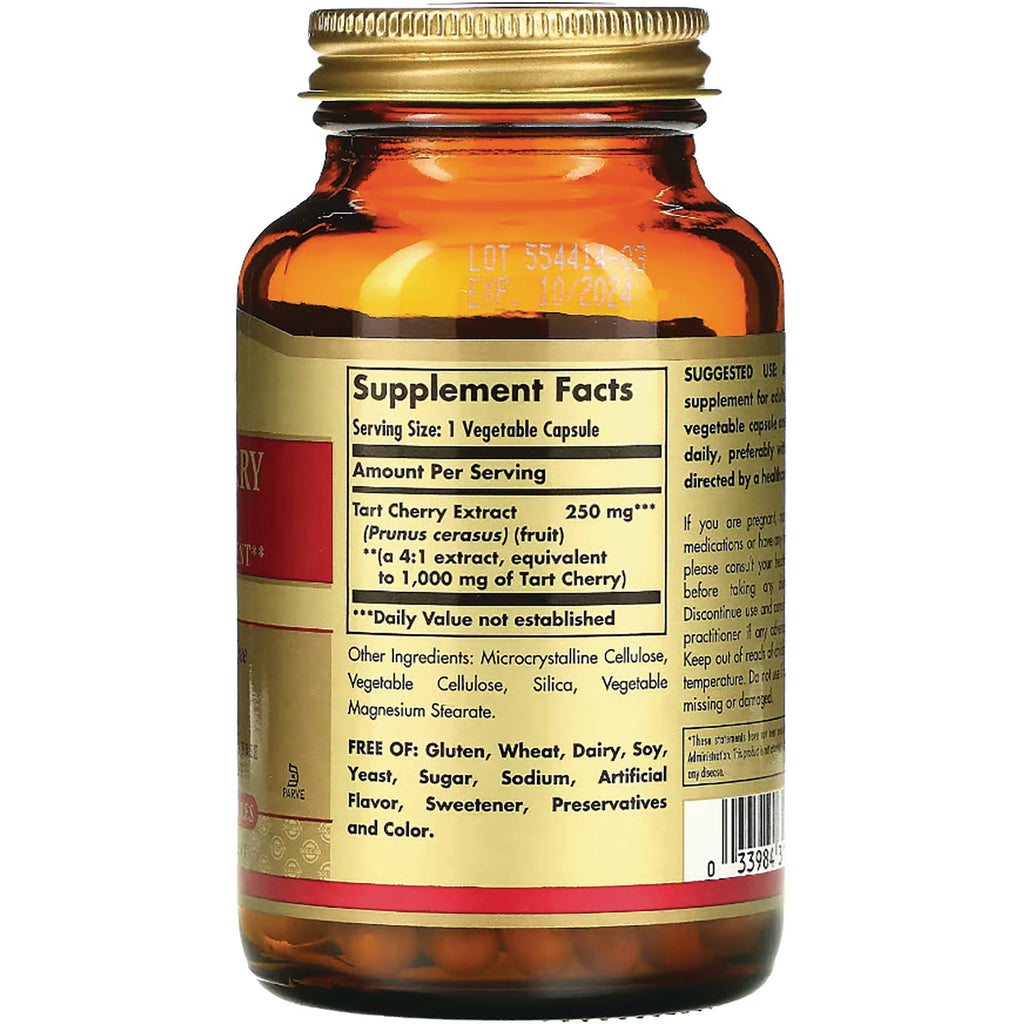 Supplement Facts label on amber bottle showing serving size 1 vegetable capsule, Tart Cherry Extract 250 mg and other ingredients - Thumbnail