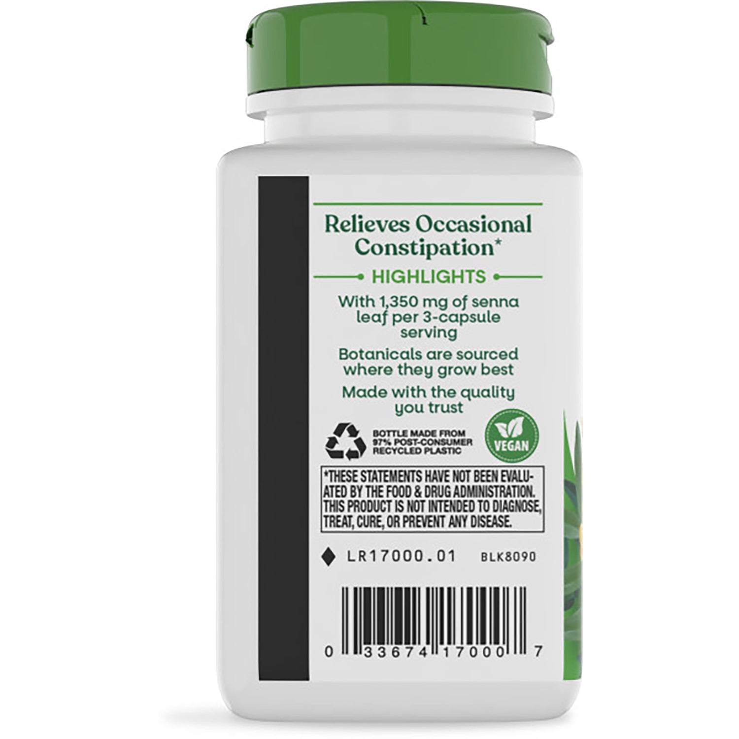 NW167 | bottle back label showing FOR OCCASIONAL CONSTIPATION header, product description text and barcode