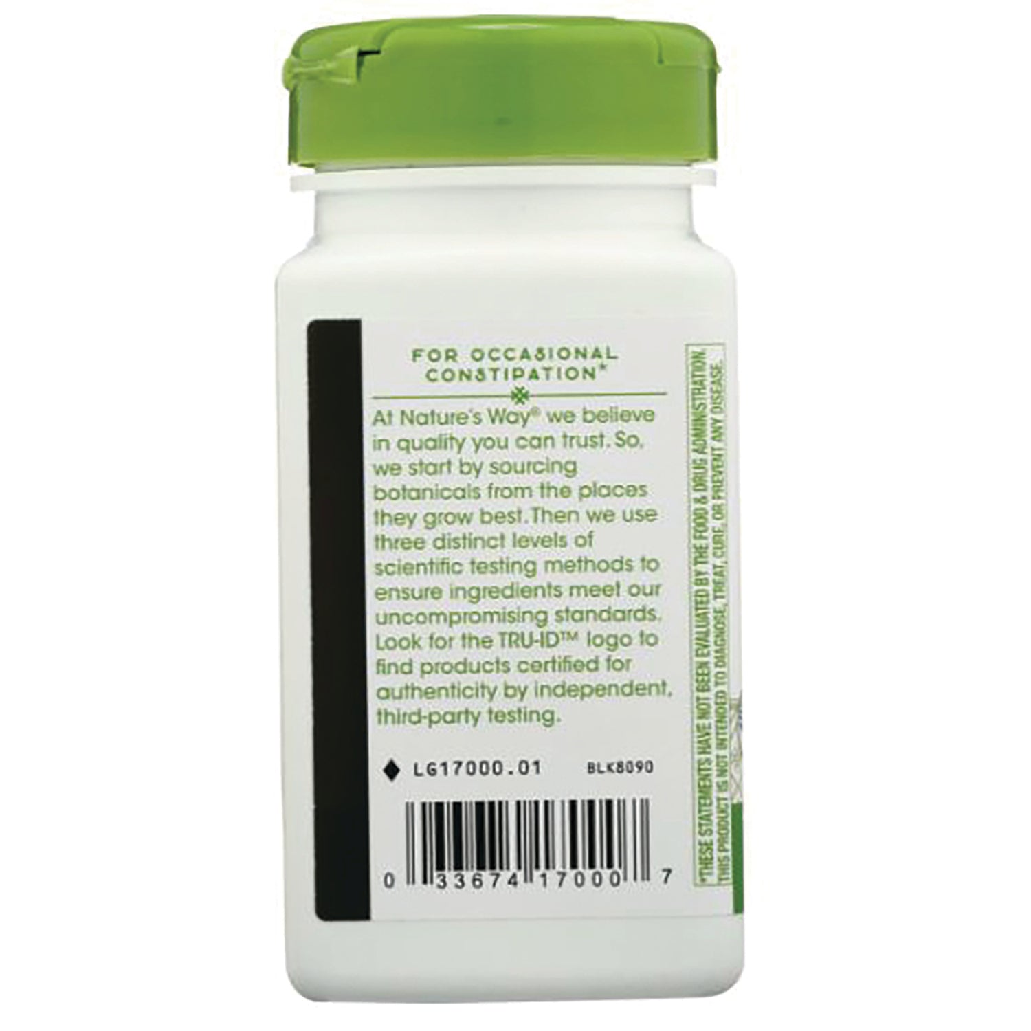 NW167 | bottle back label showing FOR OCCASIONAL CONSTIPATION header, product description text and barcode