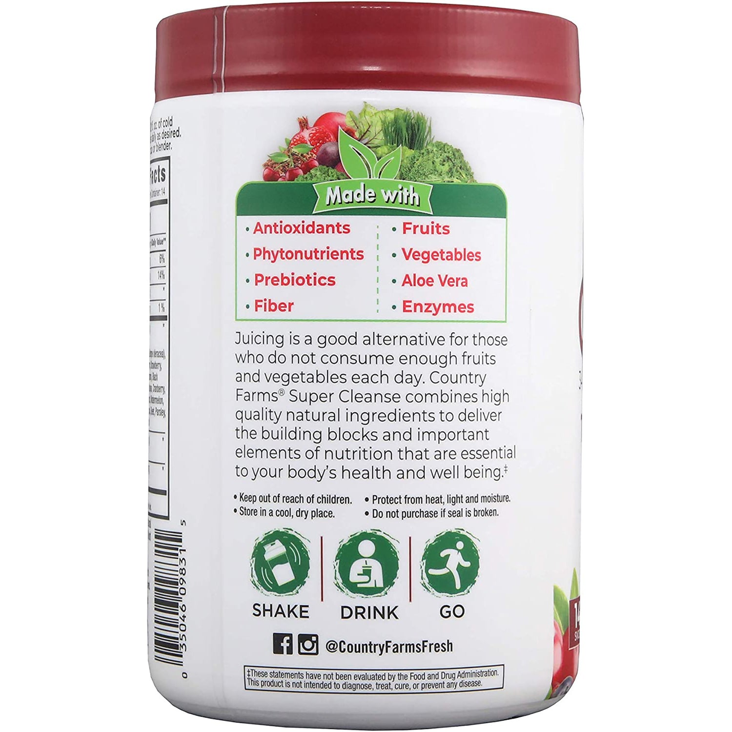 CFR006 | Back label showing Made with list of antioxidants, fruits, vegetables and usage icons Shake Drink Go