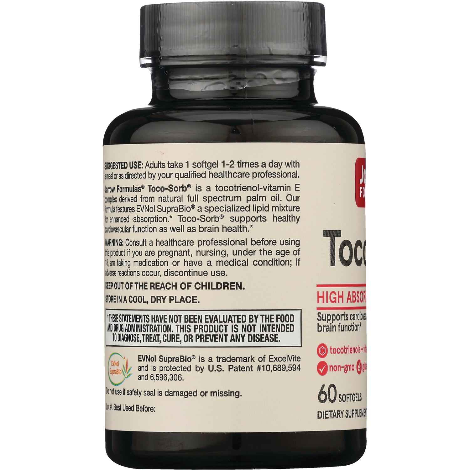 JR097 | Back label of supplement bottle showing suggested use, warnings, and 60 softgels
