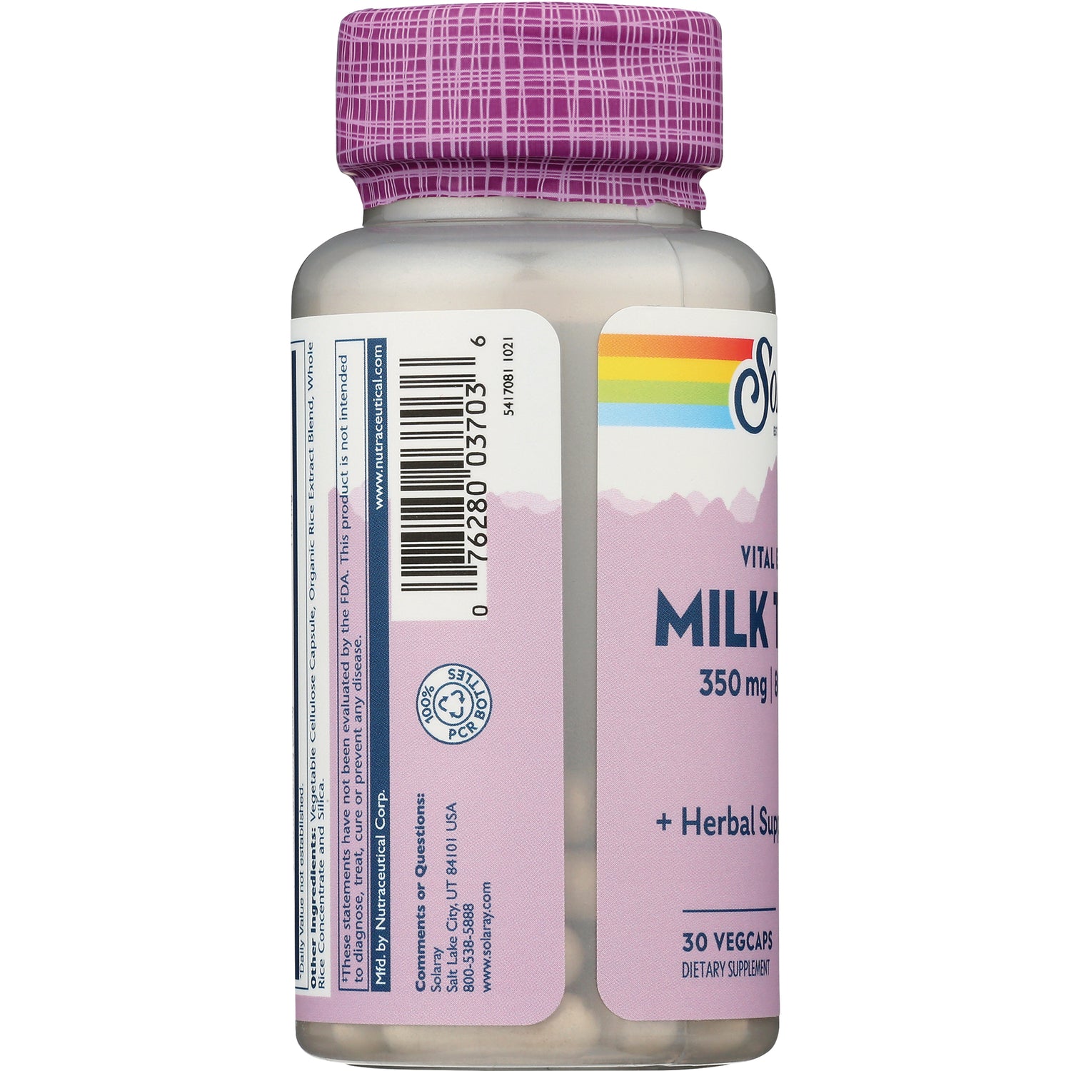 SLR202 | Side label of Milk Thistle 350 mg herbal supplement bottle with barcode, 30 vegcaps
