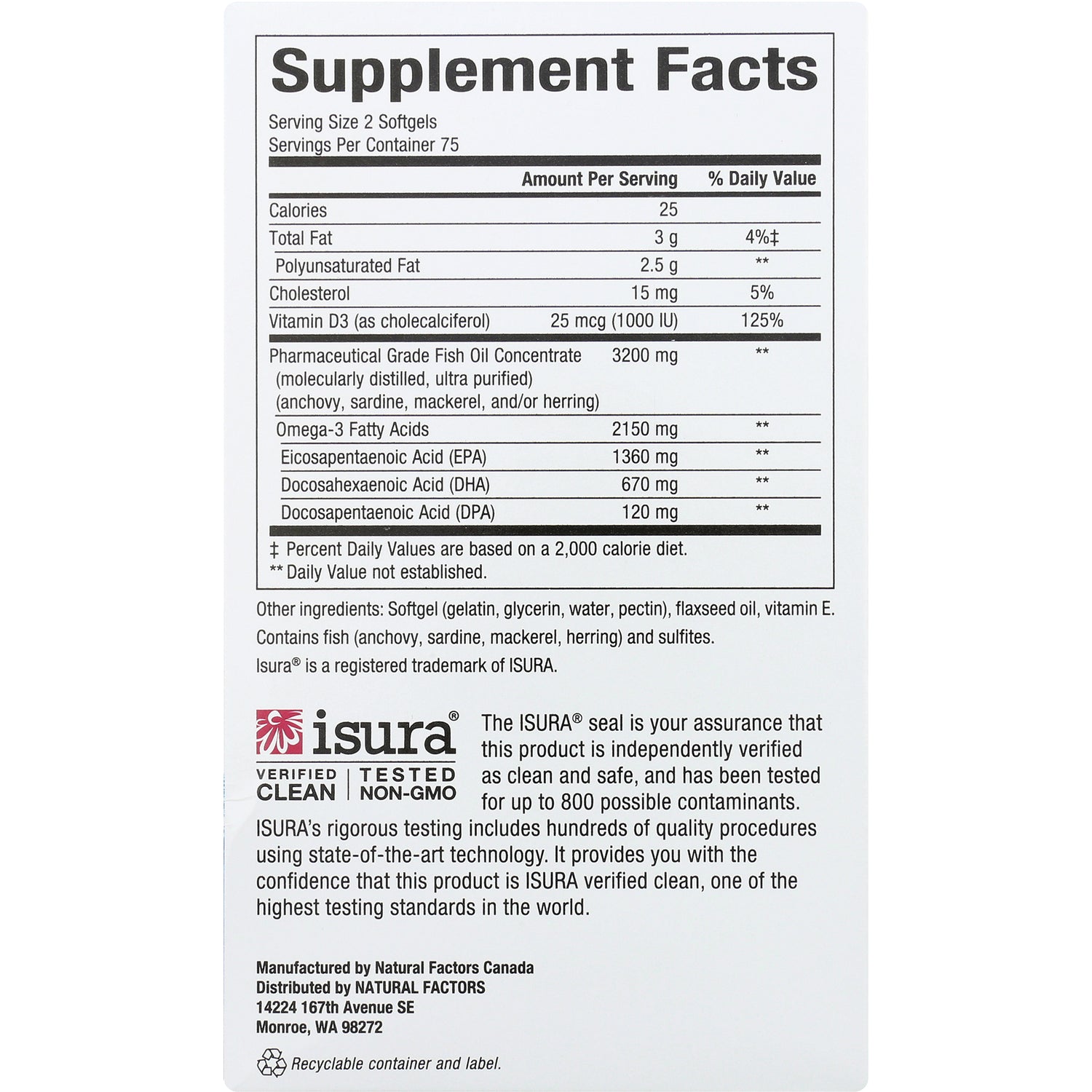 NFC118 | back label showing Supplement Facts panel, ingredient list, and ISURA testing seal for fish oil softgels