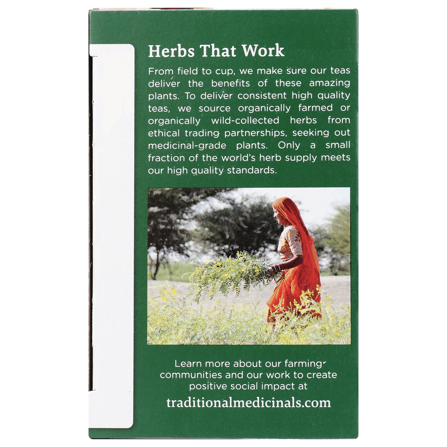TMD049 | Herbs That Work panel with sourcing message and farmer photo; traditionalmedicinals.com