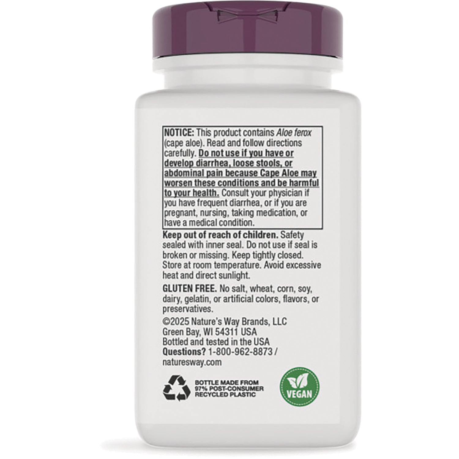 NW186 | back label of white supplement bottle showing notice, storage instructions, gluten free text and vegan icon