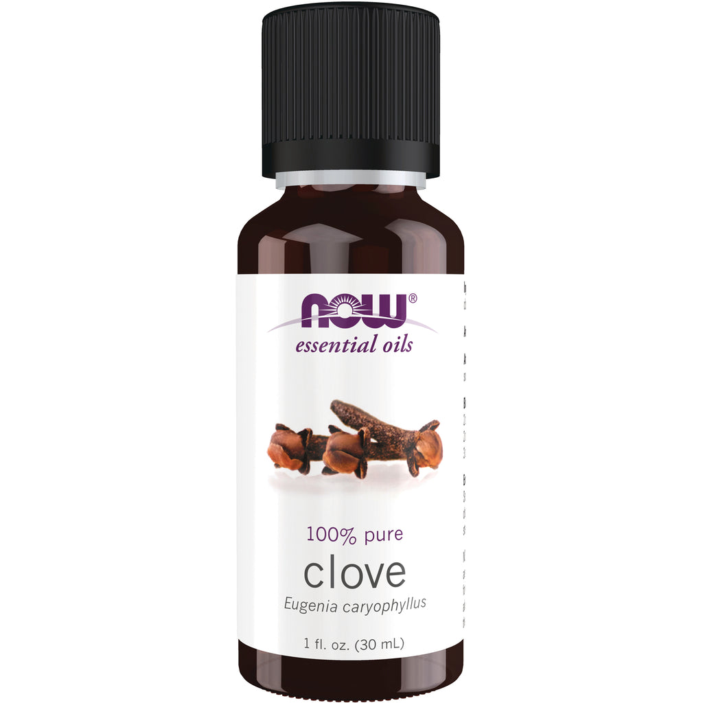 NWF040 | NOW essential oils clove 1 fl oz amber bottle with label showing clove buds - Thumbnail