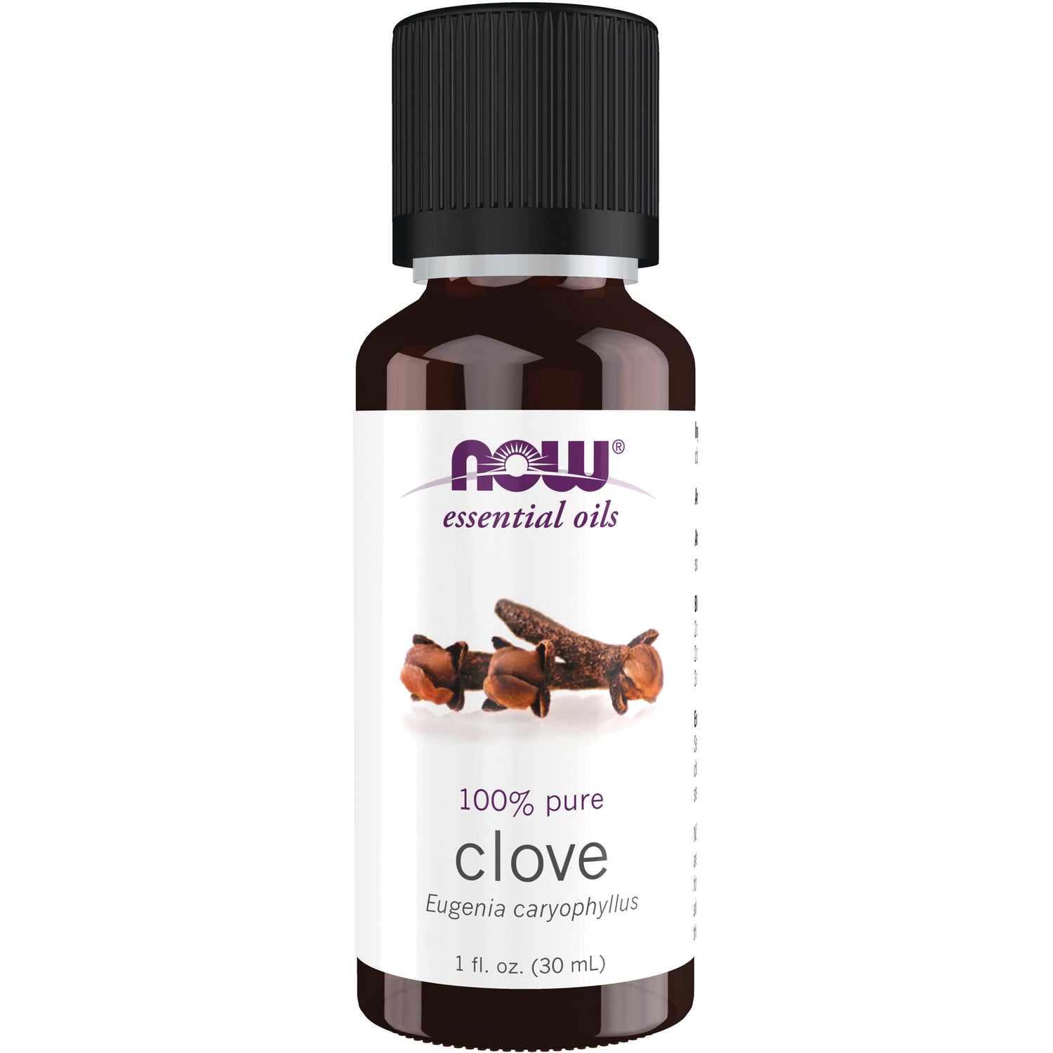 NWF040 | NOW essential oils clove 1 fl oz amber bottle with label showing clove buds