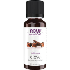 NWF040 | NOW essential oils clove 1 fl oz amber bottle with label showing clove buds