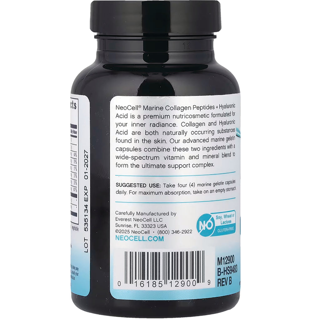 Black supplement bottle back showing NeoCell Marine Collagen Peptides label with suggested use, barcode and lot code - Thumbnail