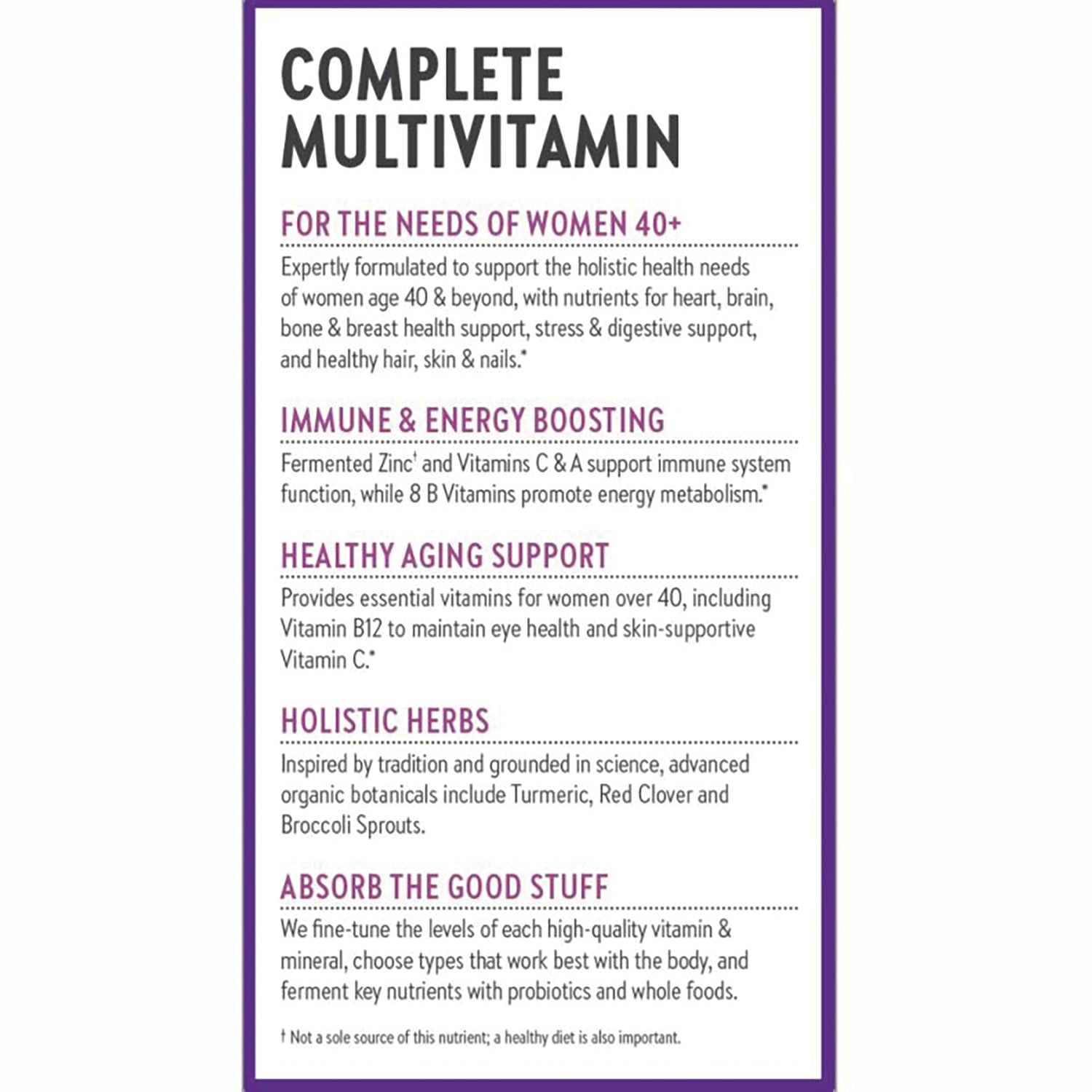 NWC242 | Product infographic listing benefits: complete multivitamin for women 40+, immune and energy support, healthy aging, holistic herbs