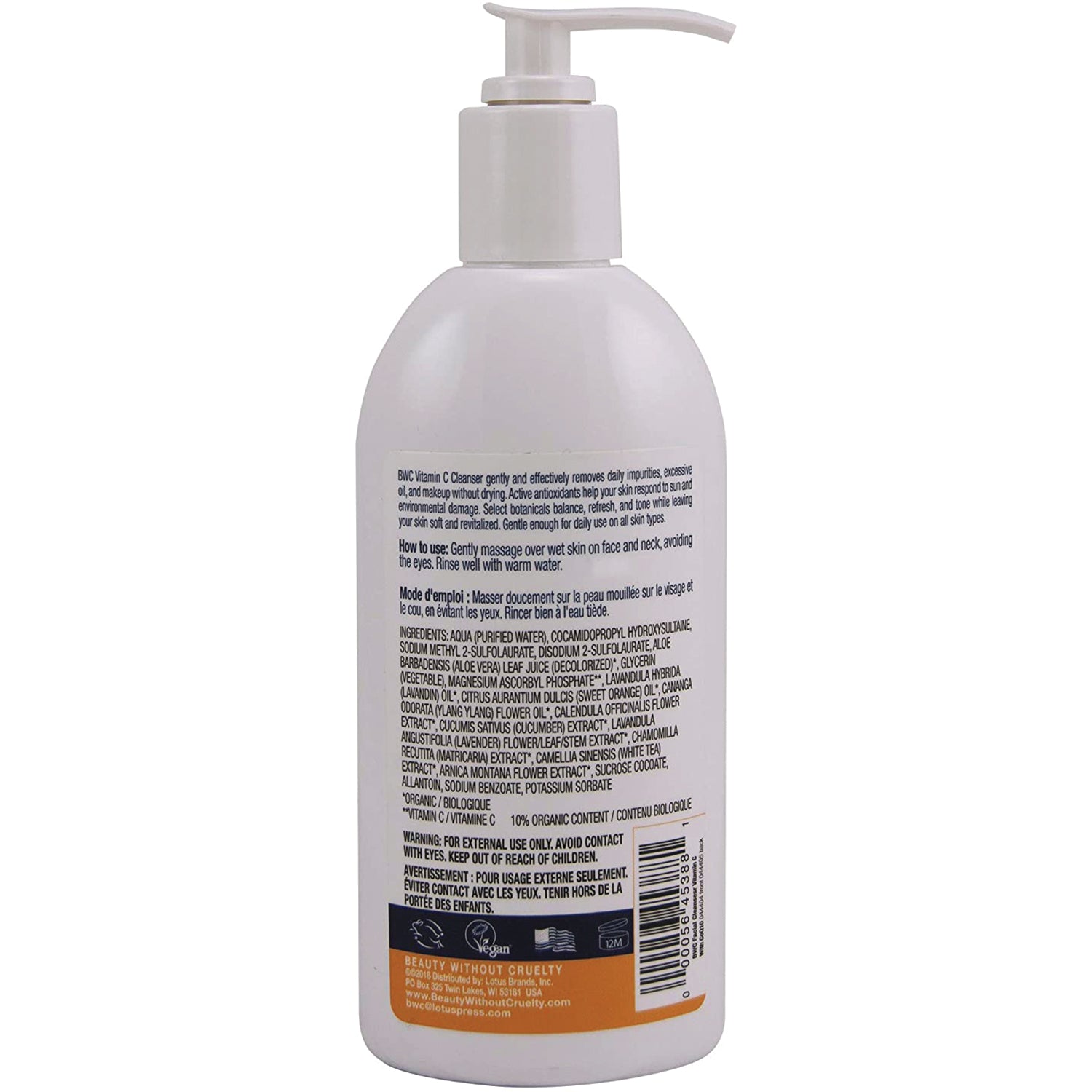 BWC113 | Back of white pump bottle showing ingredients, usage instructions, and barcode