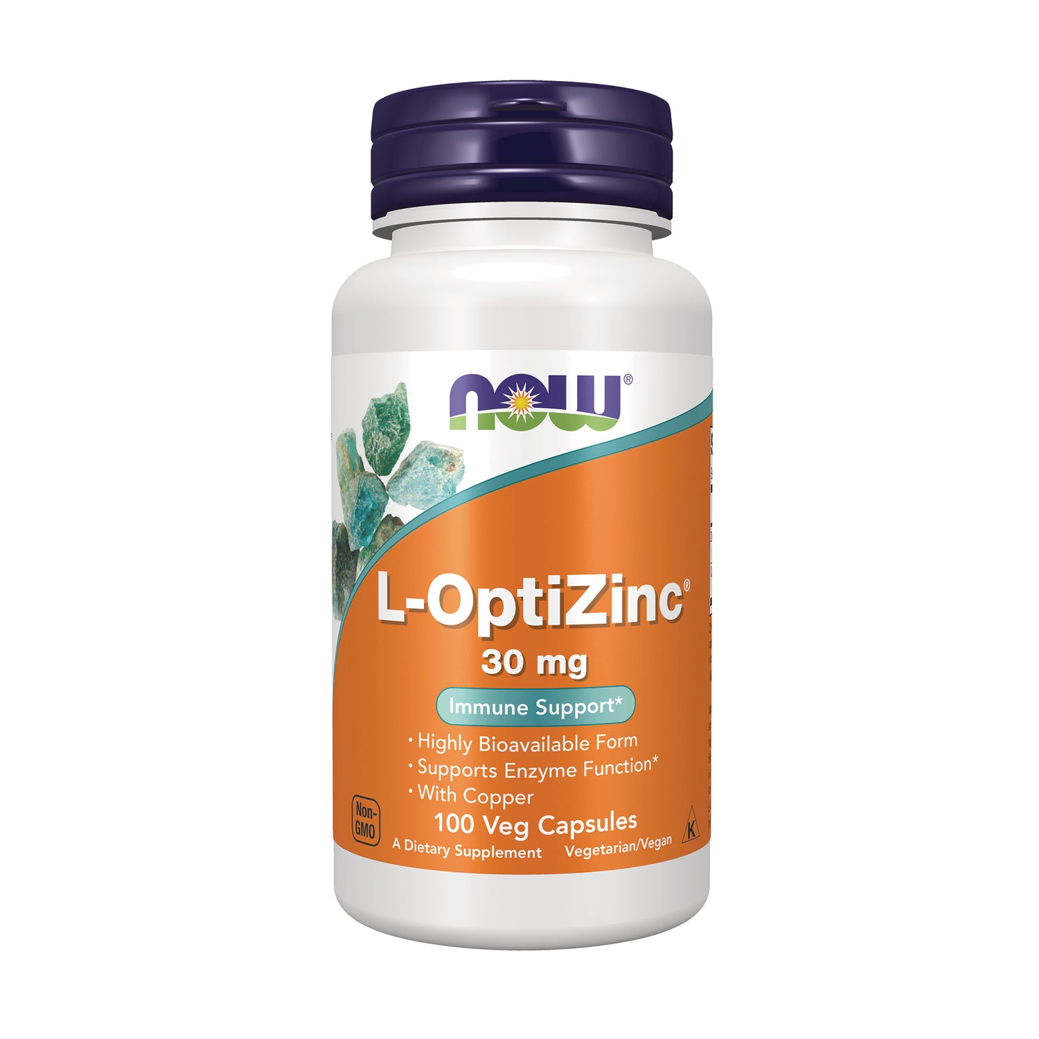 NWF328 | NOW L-OptiZinc 30 mg bottle showing front label, 100 veg capsules