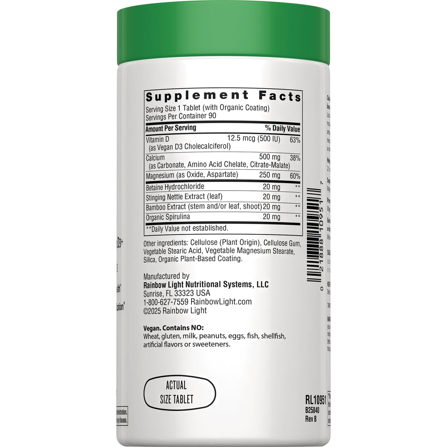 RBL166 | Back label of supplement bottle showing Supplement Facts panel, ingredients, manufacturer info, barcode and actual size tablet graphic