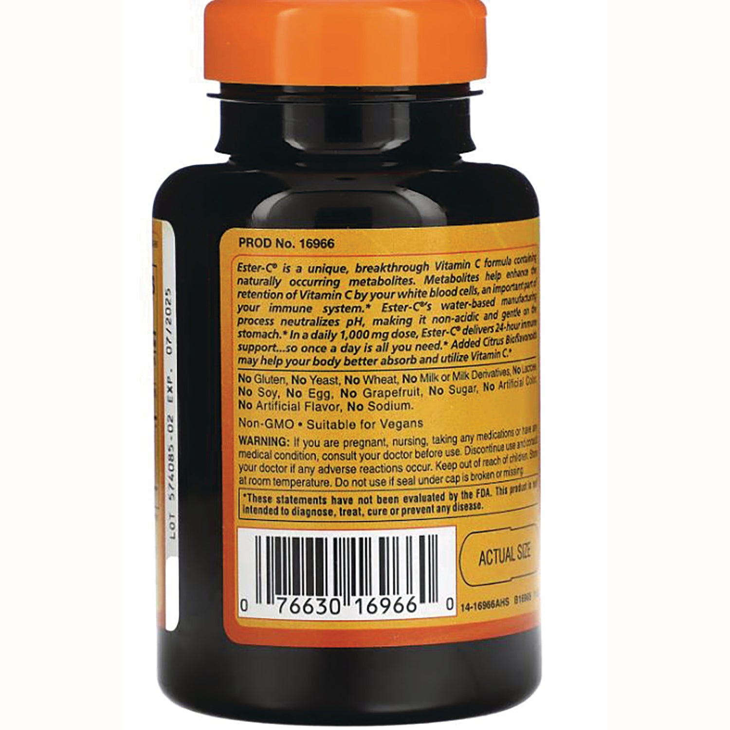 AM118 | Back label of Ester-C vitamin C supplement bottle with warnings, ingredient notes, and barcode