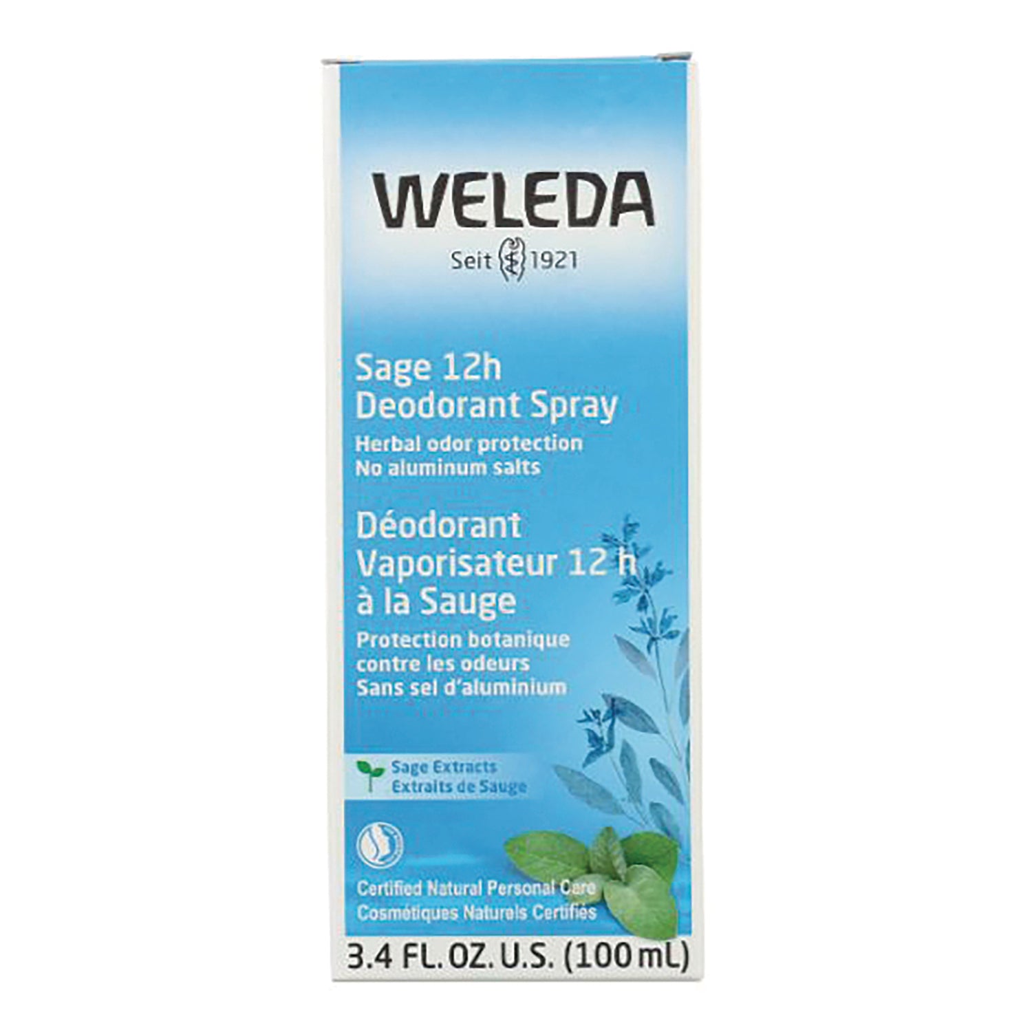 WEL015 | Weleda Sage 12h Deodorant Spray, front of box, 3.4 fl oz (100 mL)
