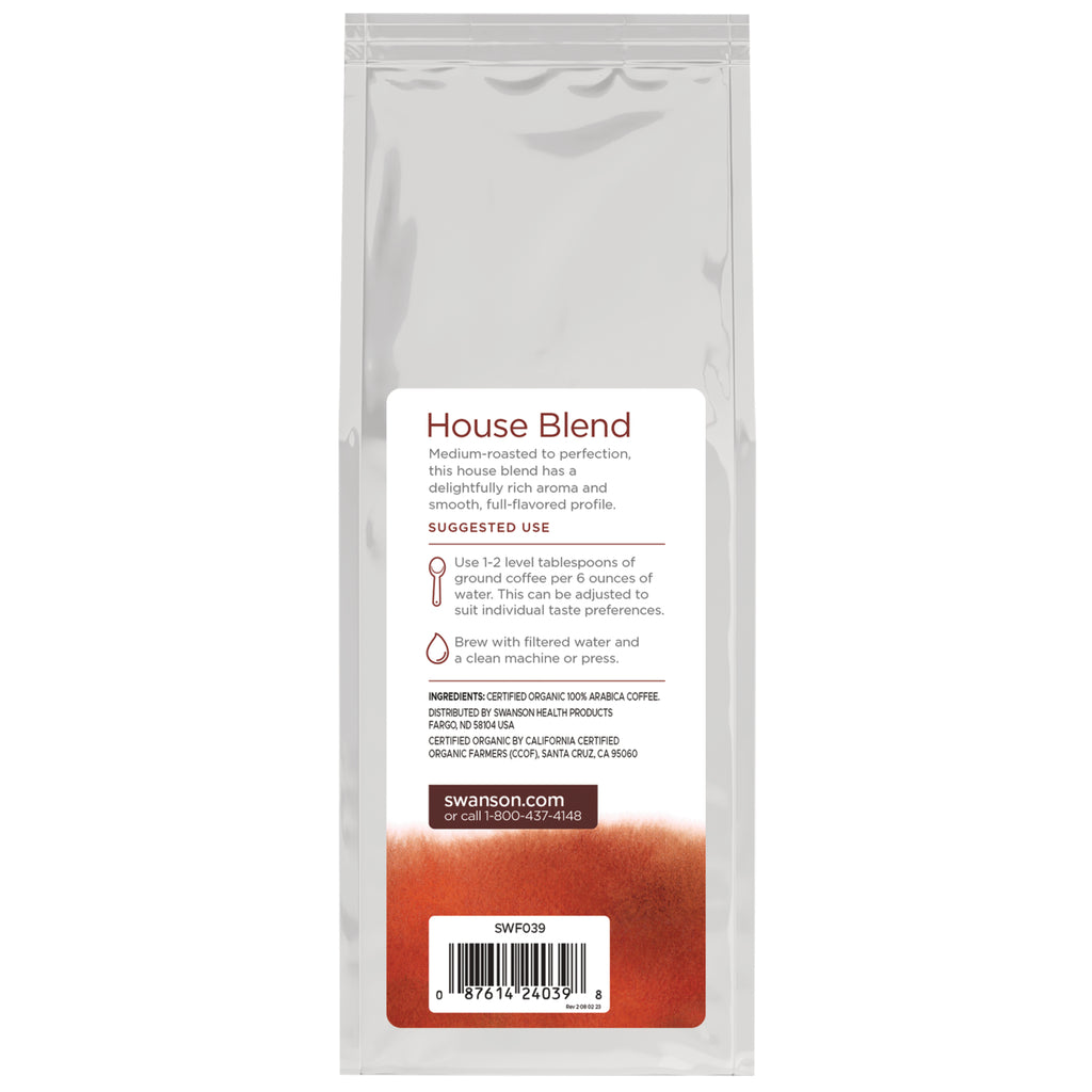 SWF039 | Back of organic House Blend coffee bag with brewing suggestions and barcode - Thumbnail