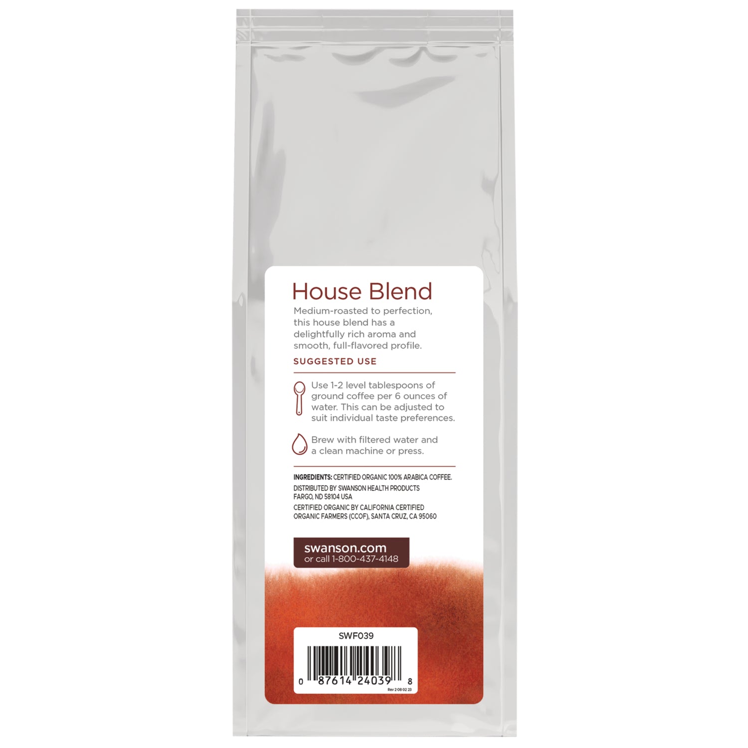 SWF039 | Back of organic House Blend coffee bag with brewing suggestions and barcode