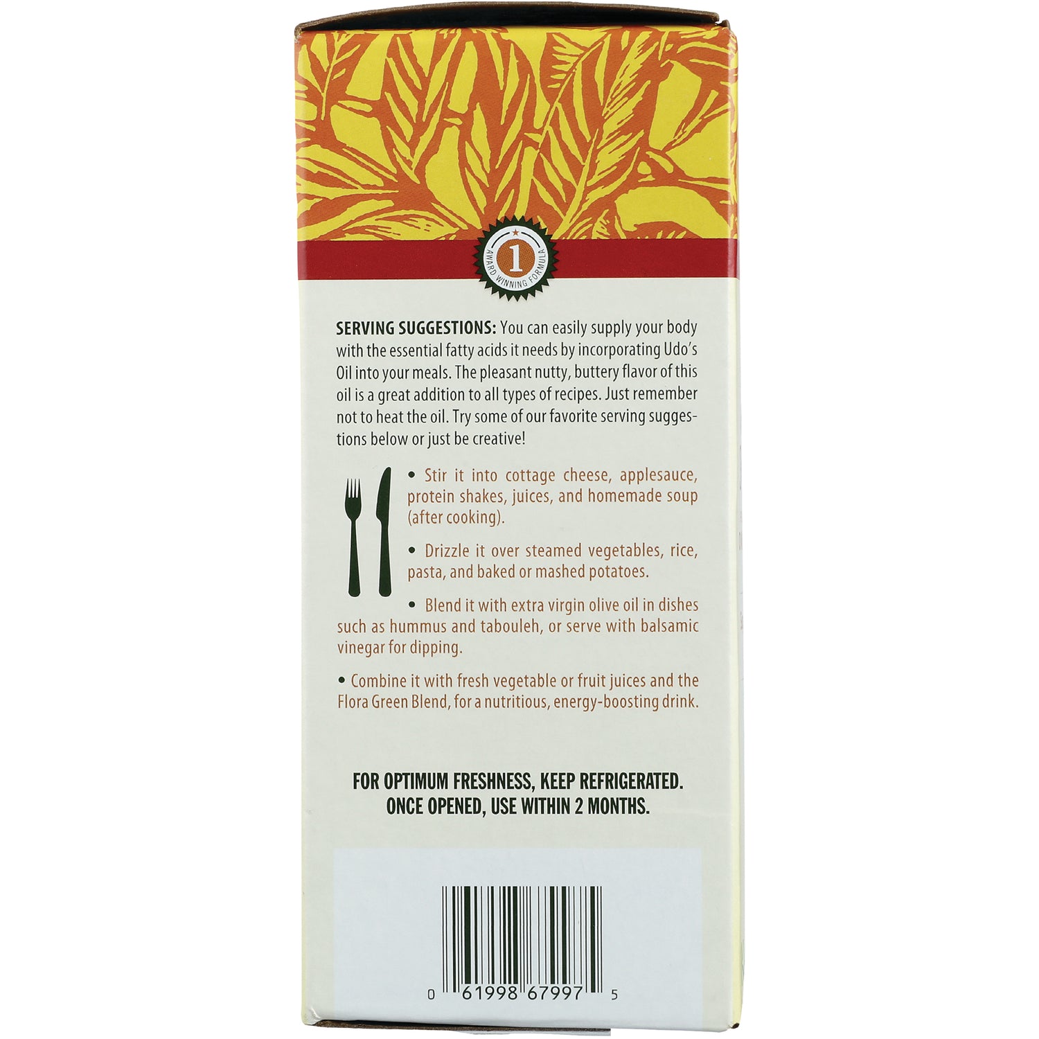 FL040 | back of boxed oil product showing serving suggestions, storage instructions and barcode