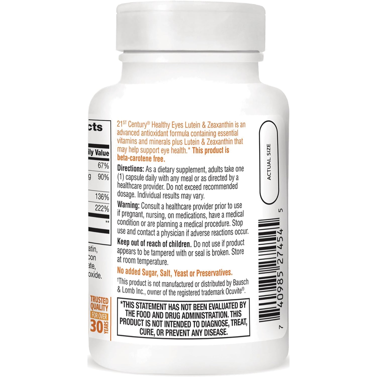 CNT230 | back label of white supplement bottle showing directions, warnings, barcode and actual size graphic