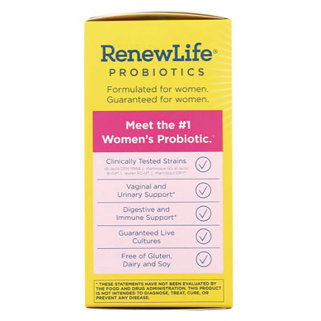 RNL219 | Back of RenewLife Probiotics box listing vaginal and urinary support, digestive and immune support, guaranteed live cultures, free of gluten dairy and soy - Thumbnail