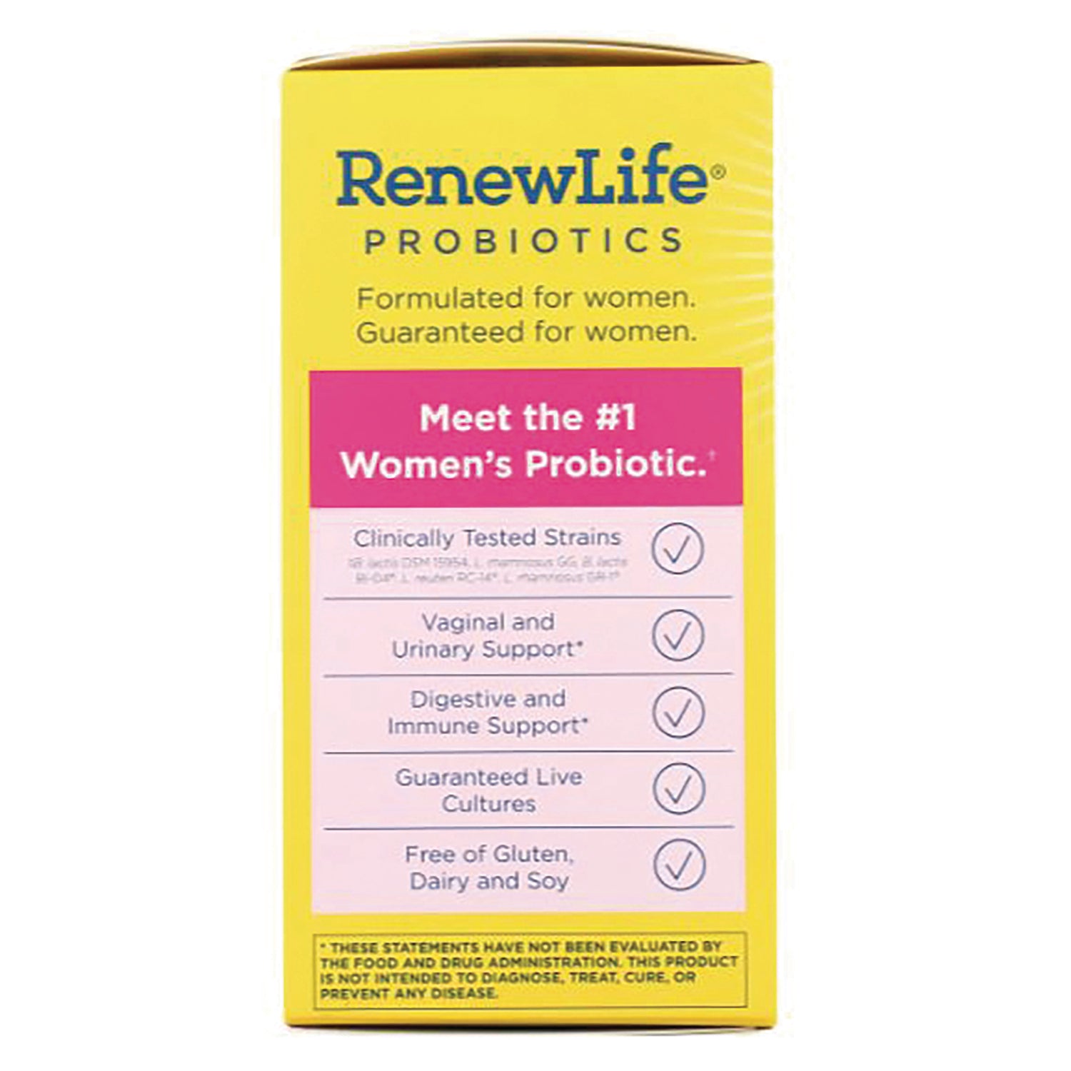 RNL219 | Back of RenewLife Probiotics box listing vaginal and urinary support, digestive and immune support, guaranteed live cultures, free of gluten dairy and soy