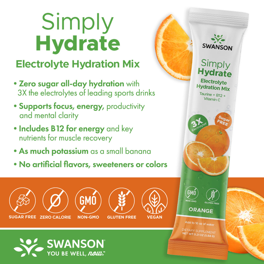 SW1927 | Swanson Simply Hydrate orange electrolyte hydration mix infographic listing benefits and icons for sugar free, non-GMO, gluten free, vegan - Thumbnail