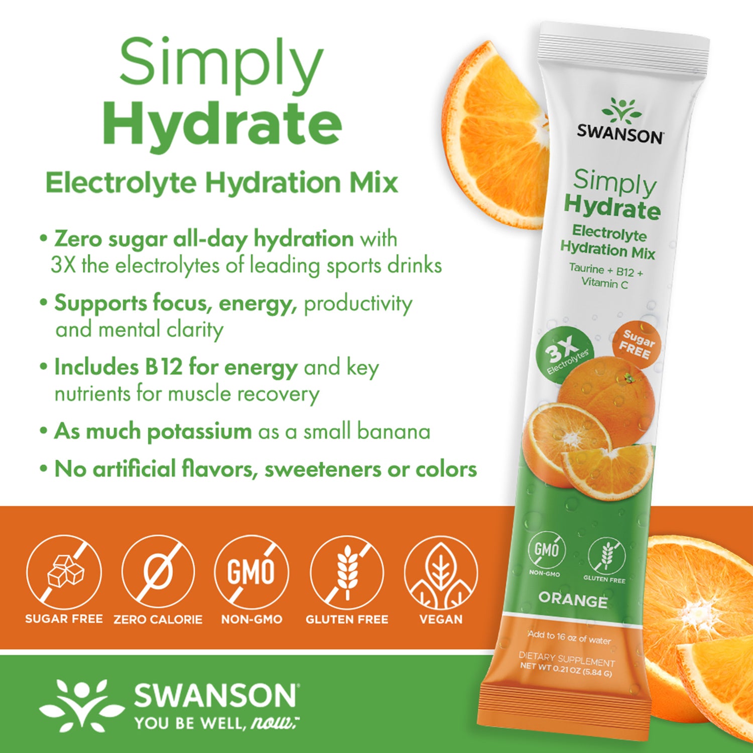SW1927 | Swanson Simply Hydrate orange electrolyte hydration mix infographic listing benefits and icons for sugar free, non-GMO, gluten free, vegan