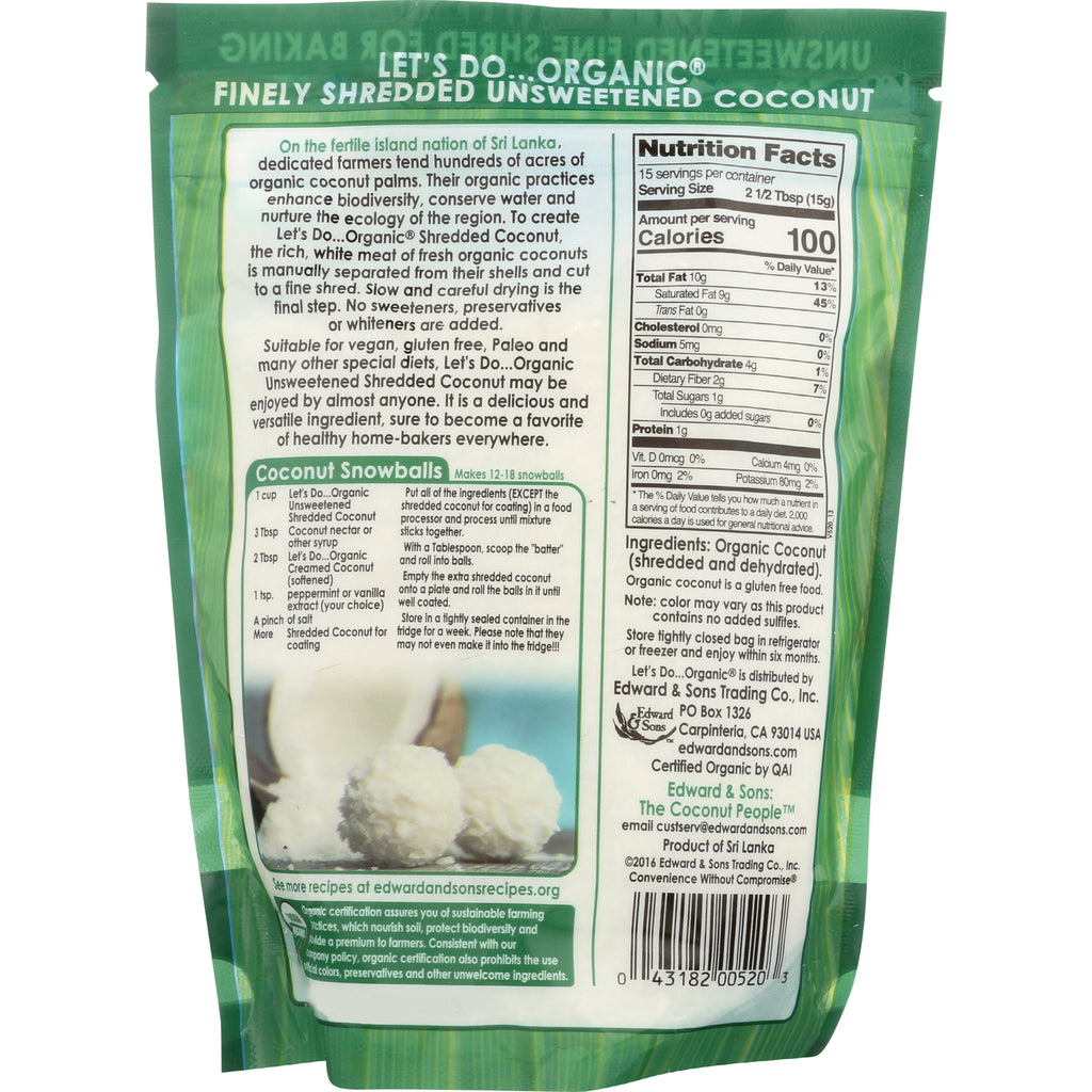 LDO003 | back of Let's Do...Organic finely shredded unsweetened coconut bag showing nutrition facts, ingredients, and Coconut Snowballs recipe - Thumbnail