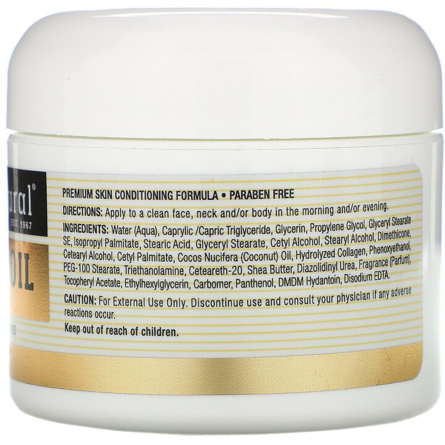 MSN045 | Back label on white jar listing ingredients, directions, and caution