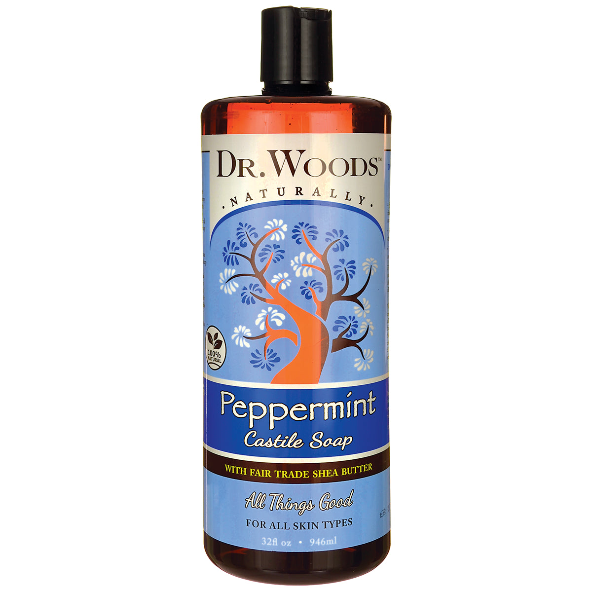 DRW007 | Dr. Woods Peppermint Castile Soap bottle front label with tree graphic, 32 fl oz