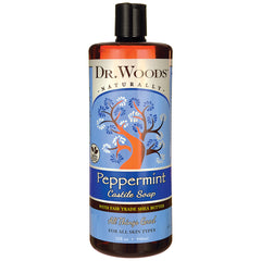 DRW007 | Dr. Woods Peppermint Castile Soap bottle front label with tree graphic, 32 fl oz