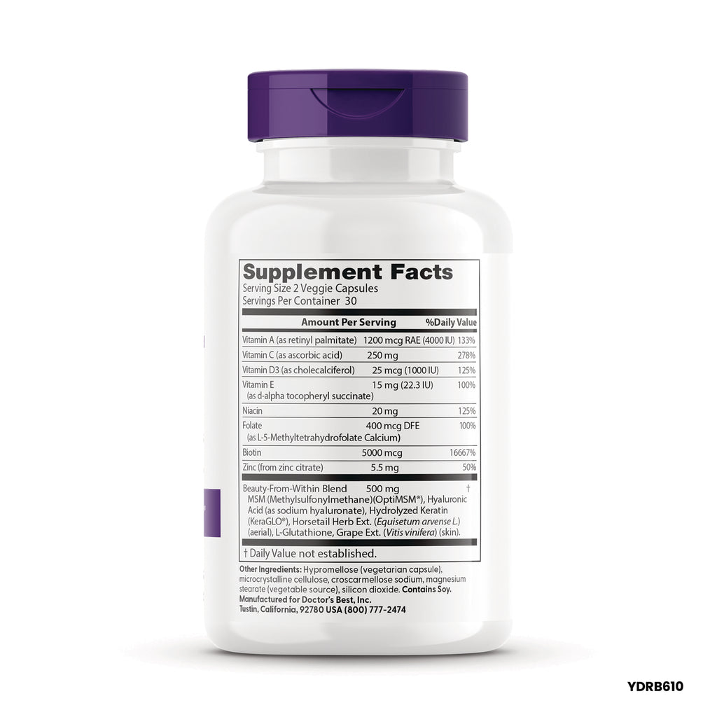 DB302 | Supplement Facts panel on white bottle with purple cap listing vitamins and a beauty-from-within blend - Thumbnail