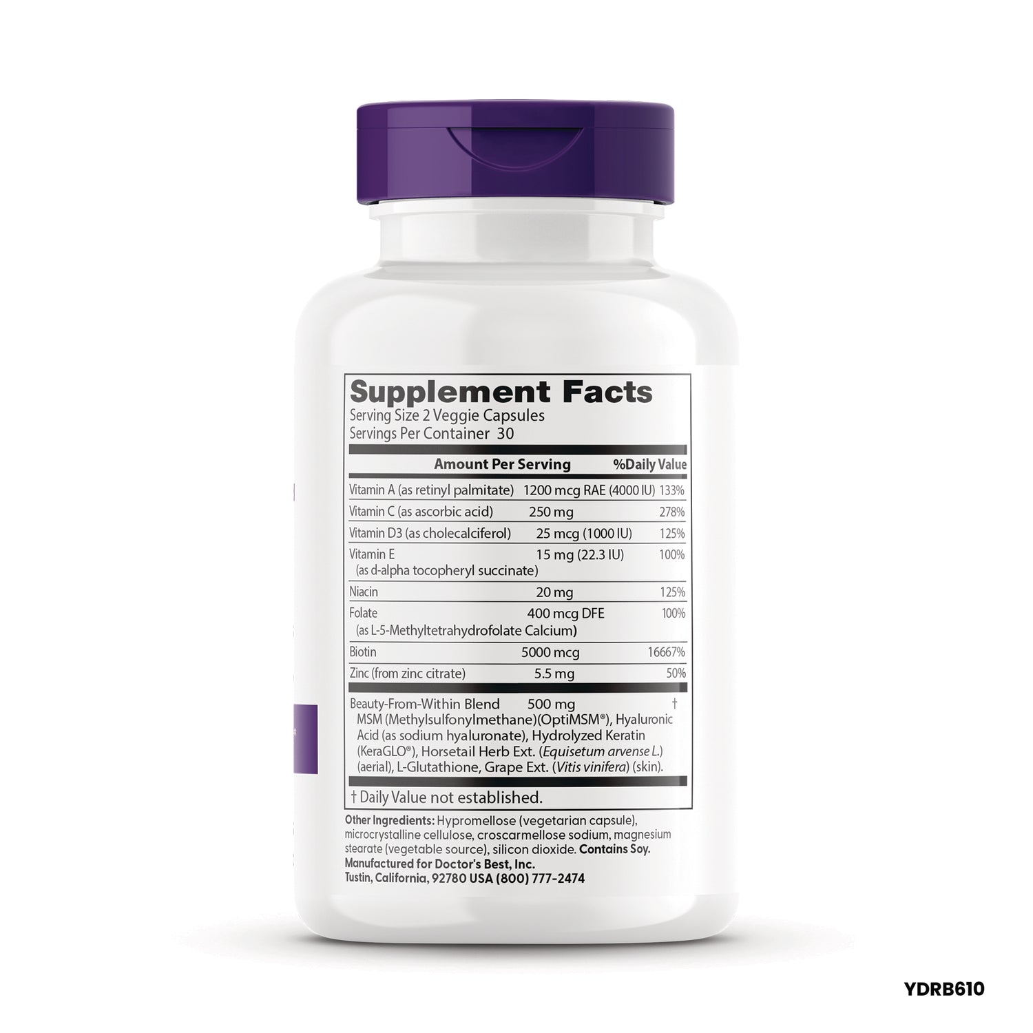 DB302 | Supplement Facts panel on white bottle with purple cap listing vitamins and a beauty-from-within blend